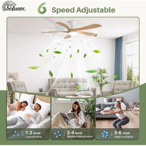 Ventilateur de plafond Sofucor 132 cm avec éclairage et télécommande, 5 pales en ABS, design moderne, discret et silencieux, idéal pour une chambre à coucher - Blanc et jaune — photo 2