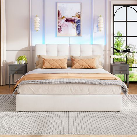 Dans Les Nuages – Lit coffre 140x200 cm avec rangement – Tête de lit LED et USB – Sommier à lattes en bois – Cadre métal capitonné velours beige — photo 2