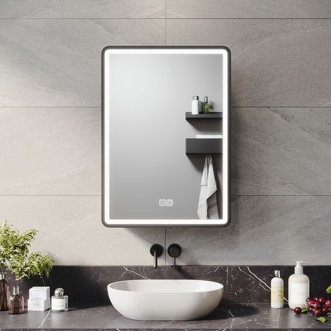 SIRHONA Miroir lumineux de salle de bain avec prise rasoir désembuage 3 modes d'éclairage Armoire de toilette, 500x700mm Noir — photo 2