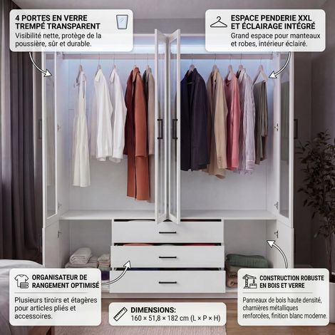 Armoire 160x51.8x182 cm avec 4 portes transparentes, 3 tiroirs， penderie - éclairage d'ambiance réglable - moderne，verre et bois - blanc — photo 2