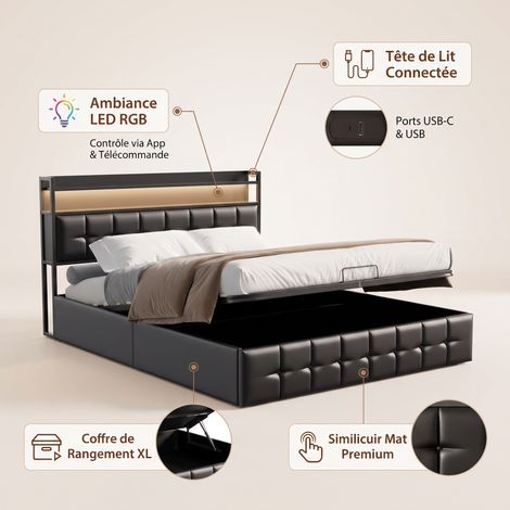 Lit coffre 160x200 cm avec sommier à lattes, lit double capitonné, tête de lit avec rangement, éclairage LED RGB, USB/ C, PU - Noir — photo 3
