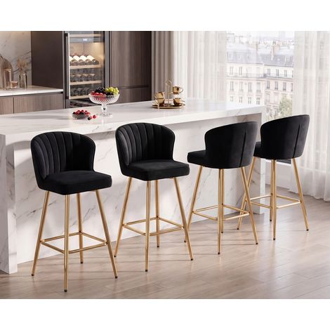 Wahson Lot de 2 tabourets de bar modernes avec dossier – Velours noir – Hauteur d'assise 64.75cm – Structure en métal doré, Noir — photo 5