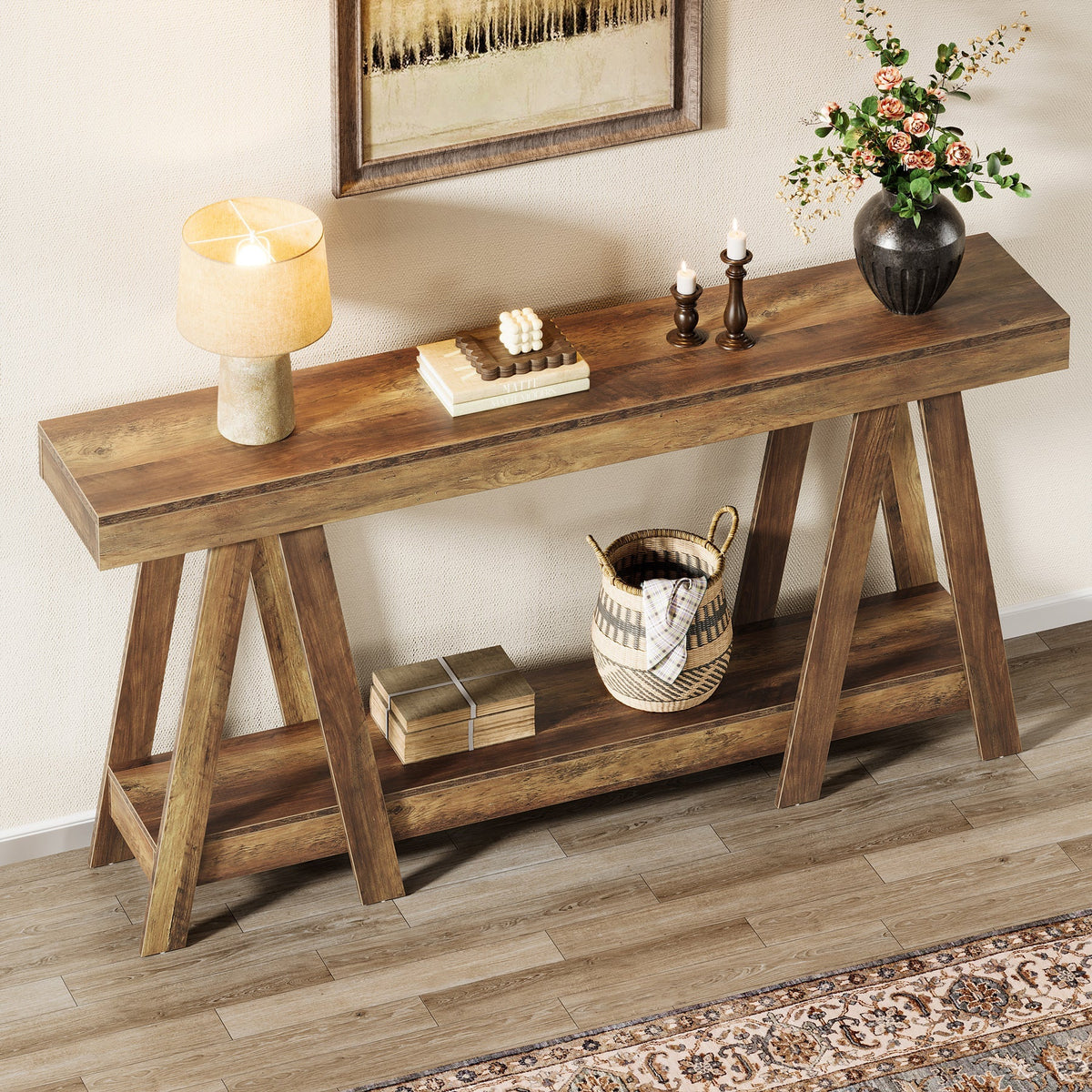 Tribesigns Console de 180 cm de long de style campagnard, Table d'entrée étroite à 2 niveaux