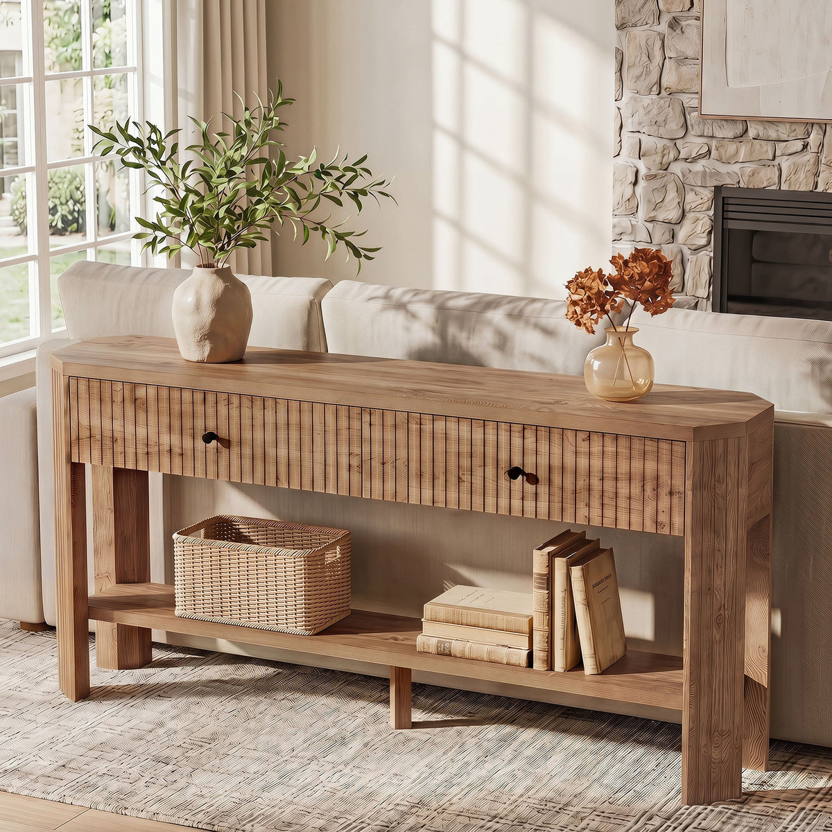 Console de 150 cm avec 2 tiroirs, Table d'entrée étroite et moderne avec étagère et rangement