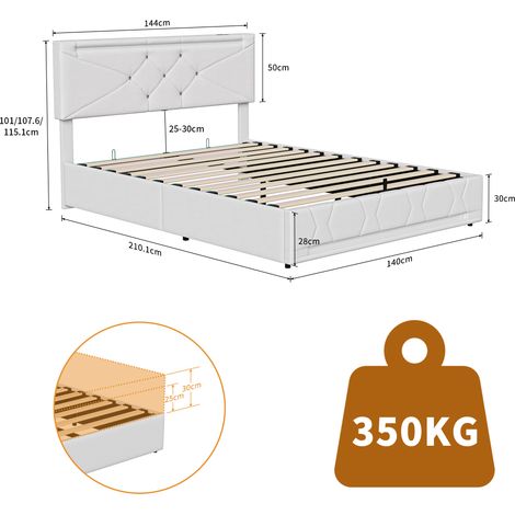 Lit double 140x200cm, lit 140x200 avec rangement, Sommier Inclus, lit coffre avec port USB et LED, Chambre moderne, Beige, lin — photo 5