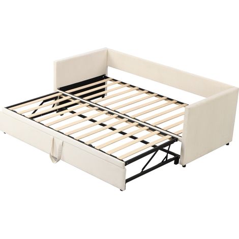 Tanant – Lit gigogne 90/180x200cm – Canapé-lit capitonné extensible – Velours beige – Structure durable – Pour petits espaces – Confort optimal — photo 3