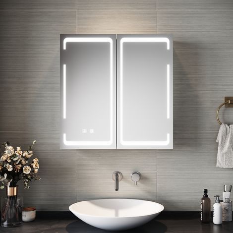 Sirhona – Miroir lumineux de salle de bain 590 x 600mm – Anti-buée avec prise rasoir – Lumières LED réglables – Double portes à fermeture progressive — photo 1