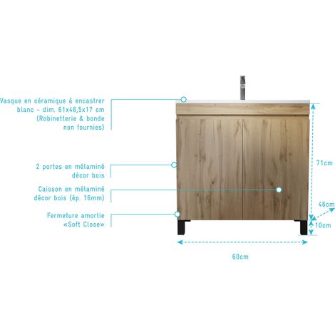 meuble de salle de bains 60 cm timber - décor chêne naturel à portes avec vasque céramique blanche — photo 4