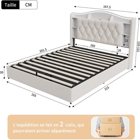Lit Coffre 160x200 cm, Lit Double 160x200 cm en Velours, avec Sommier à Lattes, Tête de Lit LED Lumineuse, Rangement Ouvert, Ports USB et Type-C - Beige — photo 2