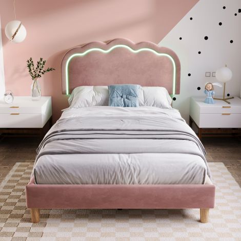 Wishdor – Lit enfant 90x200 cm – Lit simple capitonné avec tête de lit LED réglable – Velours rose – Sommier à lattes inclus – Assemblage facile — photo 2