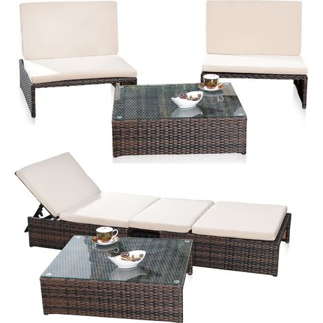 Mucola – Salon de jardin modulable en poly-rotin marron – Ensemble 2 fauteuils, 1 table avec plateau en verre – Coussins hydrofuges amovibles — photo 1