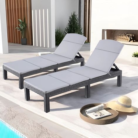 Bolli – Lot de 2 transats de jardin en résine tressée – Dossier réglable – Coussin inclus – Résistant aux intempéries – Noir — photo 1