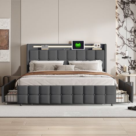 Lit double capitonné 160x200 cm, avec 4 tiroirs, éclairage LED, ports et prises USB, sommier à lattes, linge, lit queen size - Gris — photo 1