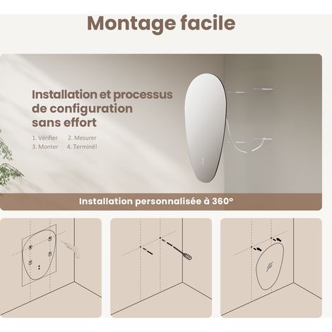 EMKE Miroir lumineux de salle de bain rétro-éclairage, miroir salle de bain asymétrique, anti-buée, interrupteur tactile, 3 couleurs de lumière dimmables, 80 x 60 cm — photo 5