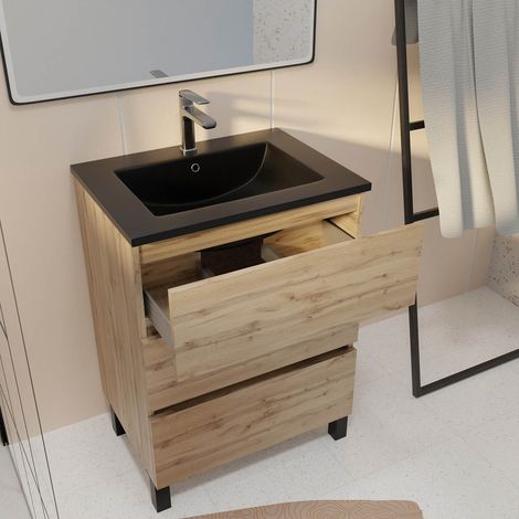 meuble de salle de bains 60 cm 3 tiroirs chêne naturel + vasque céramique noire - timber — photo 2