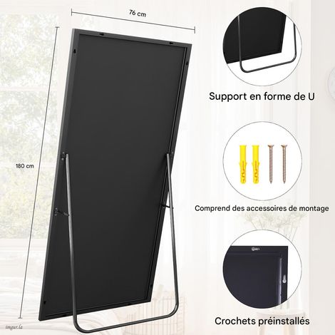 Koonmi Miroir sur pied pleine longueur, 180x76 cm, Corporel Robuste avec Cadre Aluminium, Miroir Mural Moderne à Poser ou Suspendre pour Salon, Chambre à Coucher, Design Minimaliste, Noir — photo 5