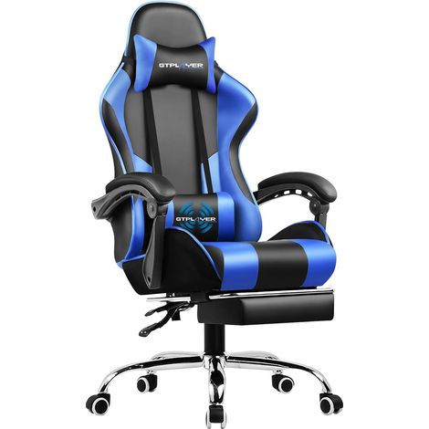 Chaise Gaming Ergonomique, Fauteuil Gamer, Chaise Bureau, Chaise de Gaming avec Dossier réglable à 135°, Hauteur Réglablerepose-Pieds rétractables, Siege, Simili Cuir Bleu — photo 1