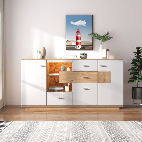 Okwish – Buffet blanc 4 portes 3 tiroirs – Éclairage LED 15 couleurs – Dimensions 160x40x77 cm – Panneaux de particules – Style moderne — photo 4