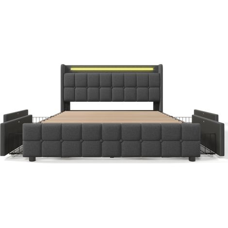 Lit double capitonné 160x200 cm, avec 4 tiroirs, éclairage LED, ports et prises USB, sommier à lattes, linge, lit queen size - Gris — photo 4