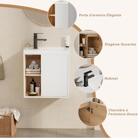 UEV – Meuble lave-mains mural 51 x 30,5 x 54 cm – Lavabo en résine anti-taches – Rangement caché et ouvert – Design moderne blanc — photo 2