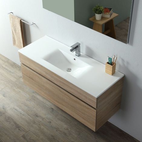 Kiamami Valentina – Meuble de salle de bain suspendu 120 cm en chêne Well – 1 tiroir spacieux – Lavabo en céramique – Miroir 60 cm — photo 3