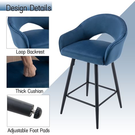 Wahson Tabouret de Bar en Velours, Lot de 2 Tabouret Rotation de 360 Degré Chaise Bar de Pied en Métal avec Repose-Pieds pour Bar, Bleu — photo 3