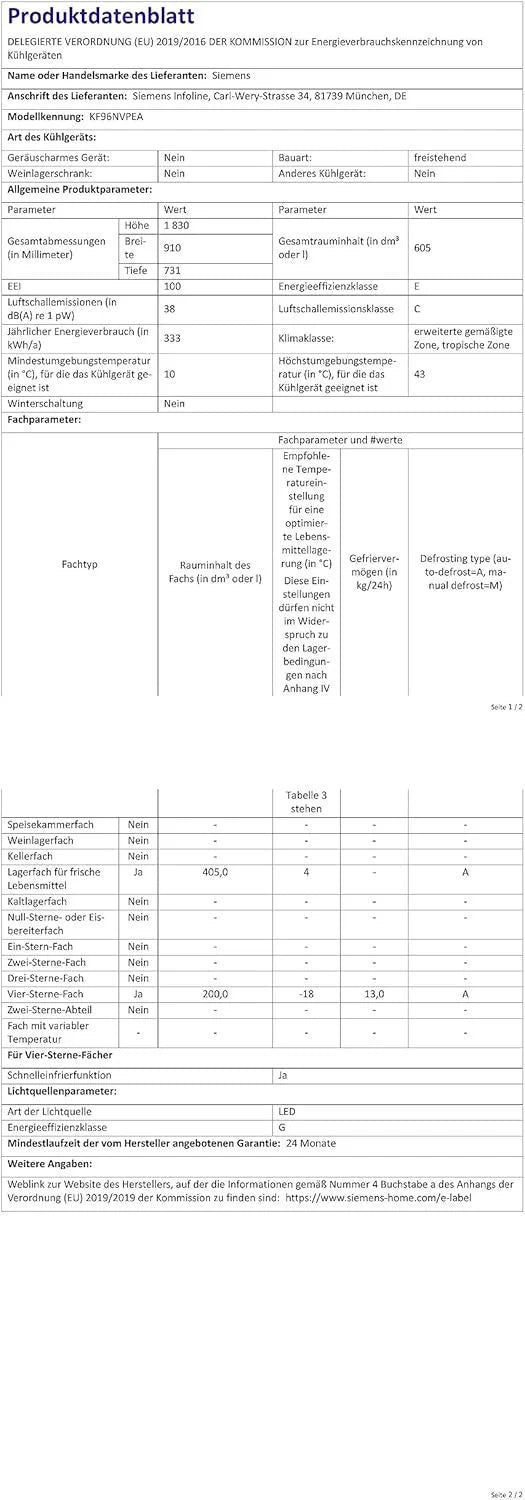 2026 SIEMENS KF96NVPEA iQ300 Multi-Door-Kühlschrank, 183 x 91 cm, 405 L Kühlen & 200 L Gefrieren, hyperFresh längere Frische