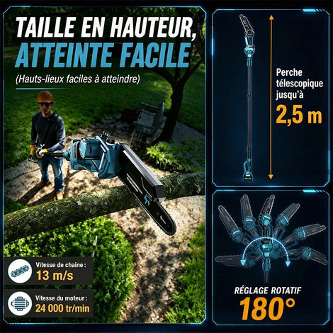 Tronçonneuse télescopique 8 pouces – Moteur Brushless 1200W – 2 batteries 4000 mAh – Extension jusqu'à 4m pour élagage précis - 2-en-1 — photo 2