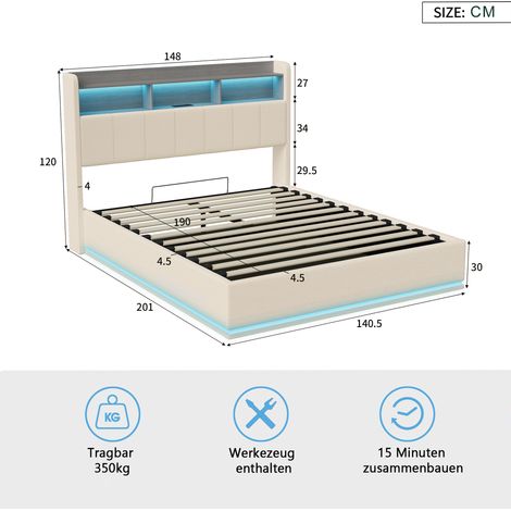 Lit coffre 140x190,lit 140x190 avec sommier, Velours blanc - USB intégré - LED - 3 compartiments de rangement — photo 2