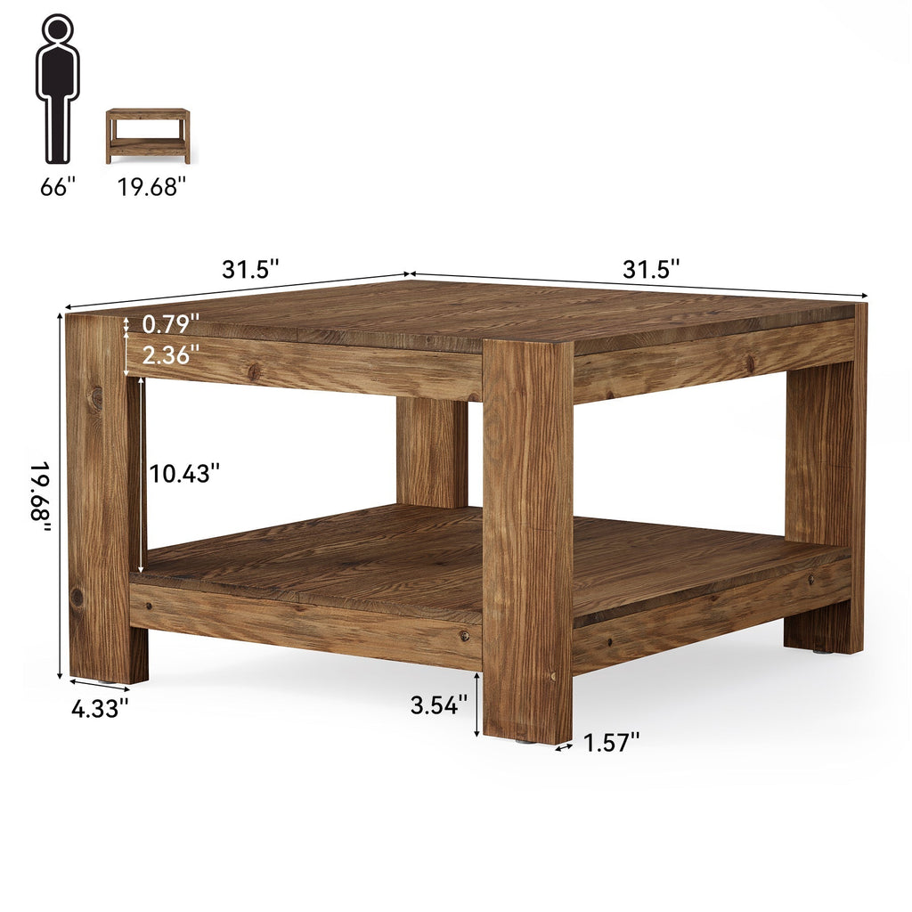 Table basse carrée rustique en bois de 80 cm avec étagère de rangement
