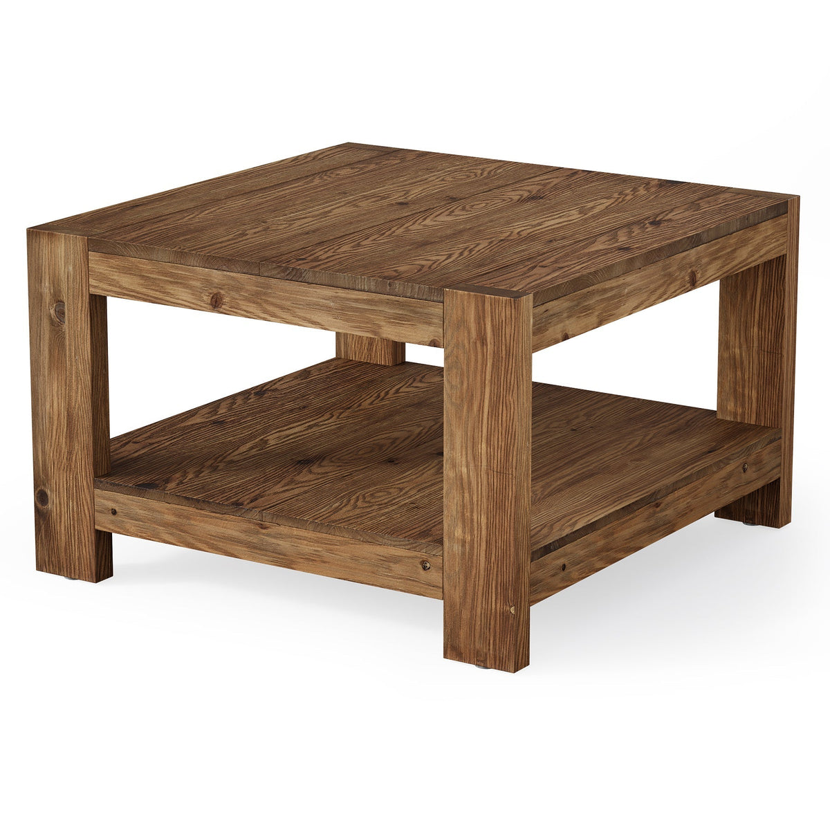 Table basse carrée rustique en bois de 80 cm avec étagère de rangement