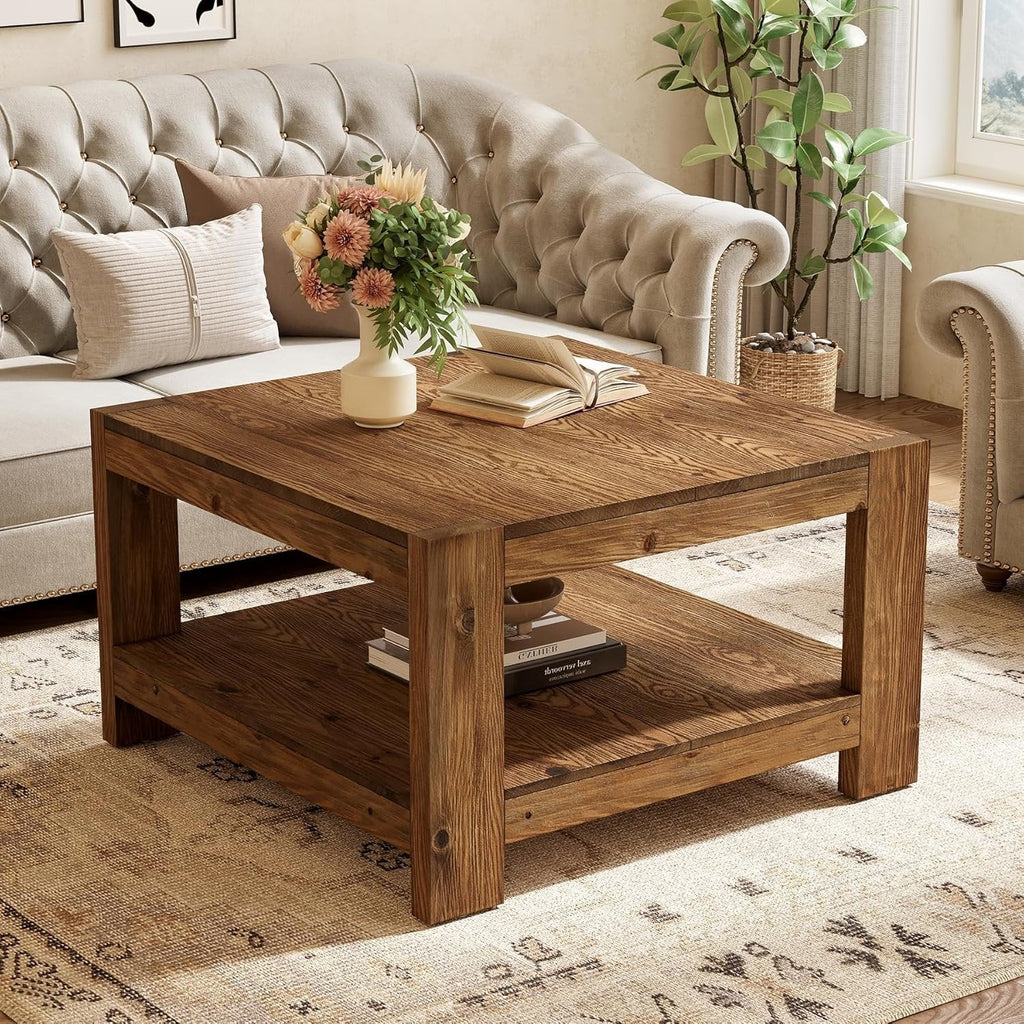 Table basse carrée rustique en bois de 80 cm avec étagère de rangement