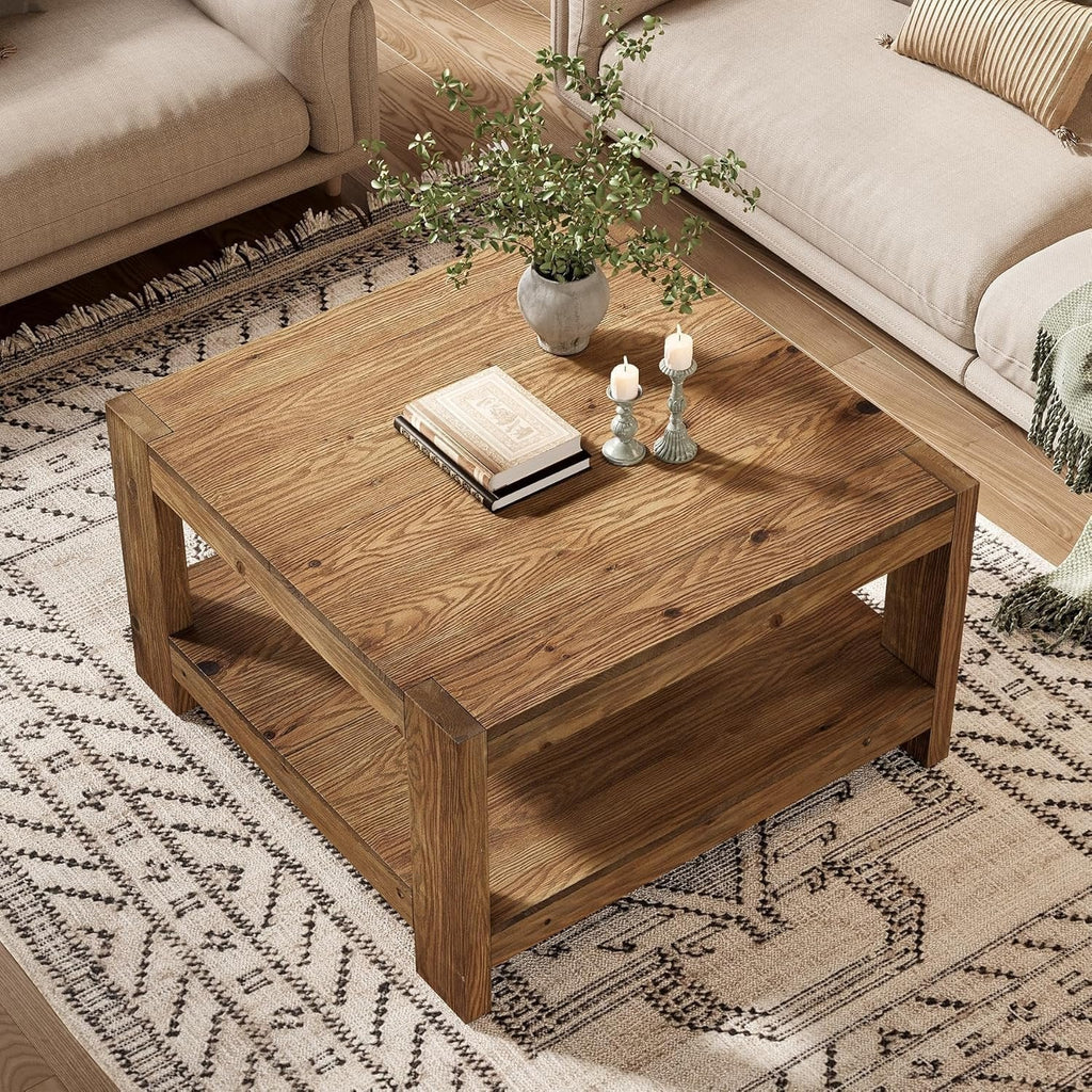 Table basse carrée rustique en bois de 80 cm avec étagère de rangement