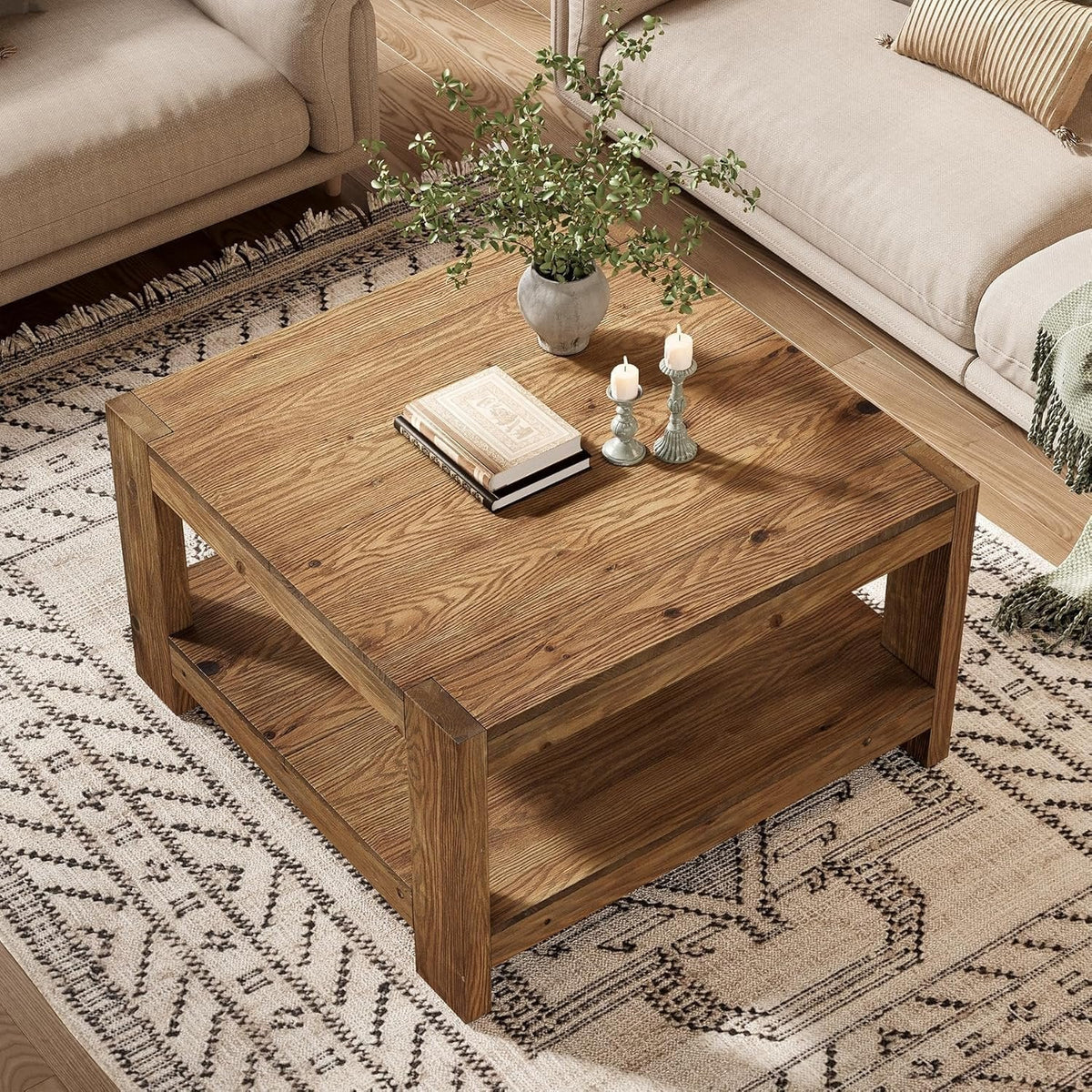 Table basse carrée rustique en bois de 80 cm avec étagère de rangement