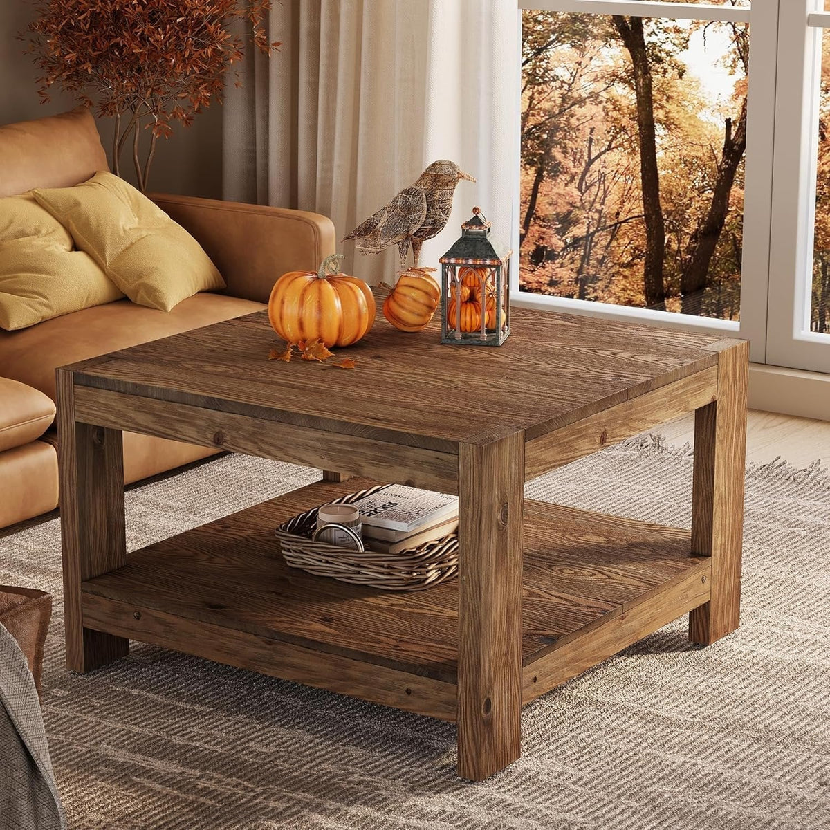 Table basse carrée rustique en bois de 80 cm avec étagère de rangement