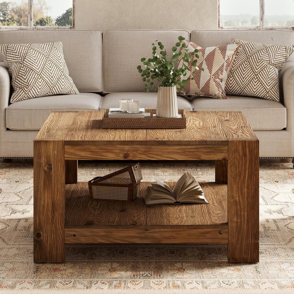 Table basse carrée rustique en bois de 80 cm avec étagère de rangement