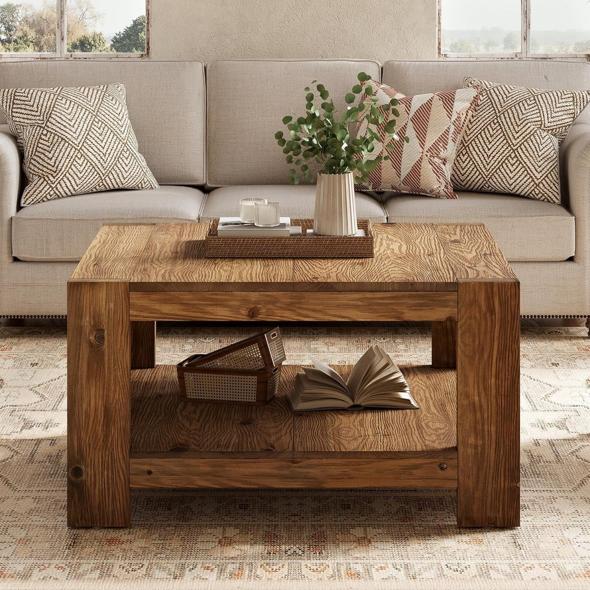 Table basse carrée rustique en bois de 80 cm avec étagère de rangement