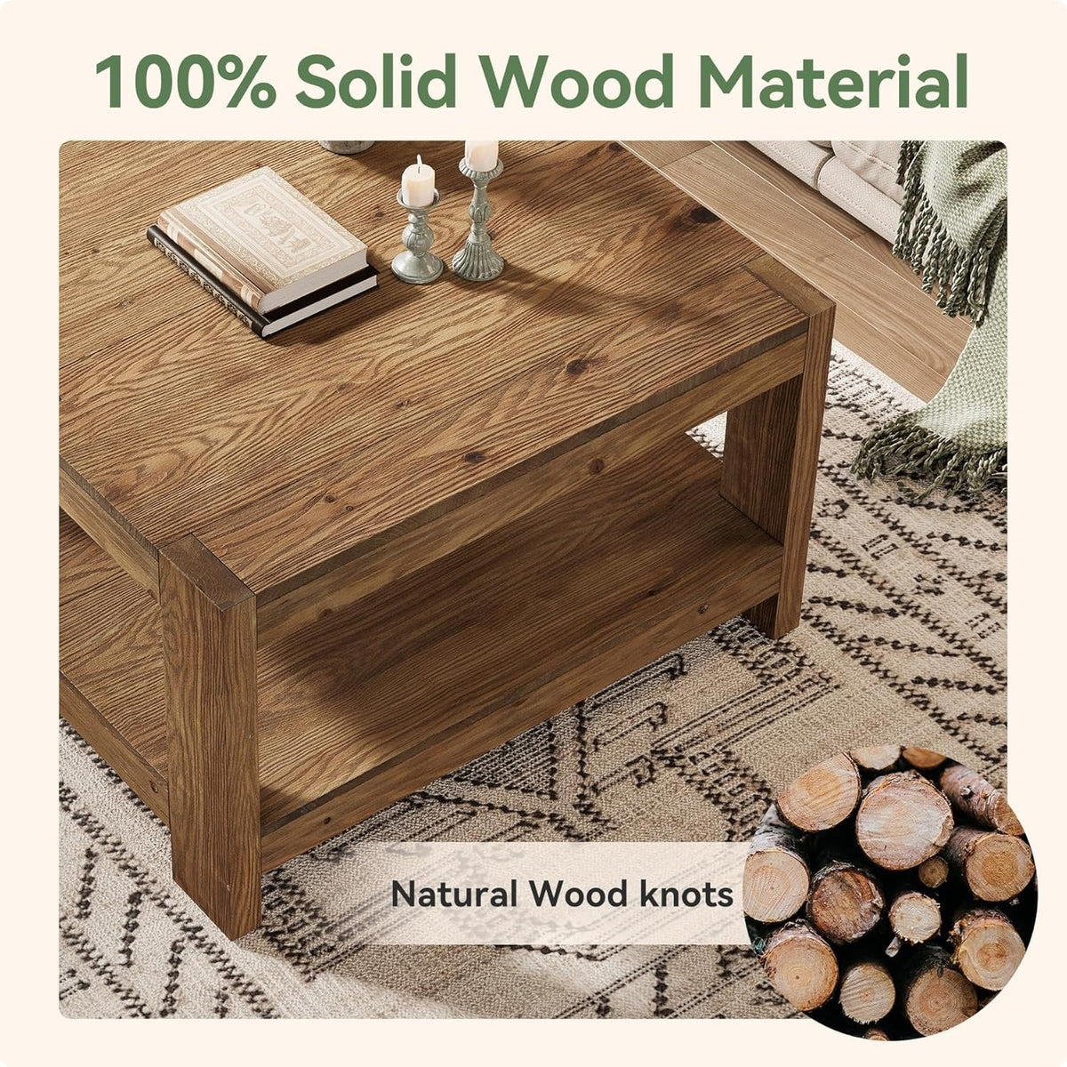 Table basse carrée rustique en bois de 80 cm avec étagère de rangement