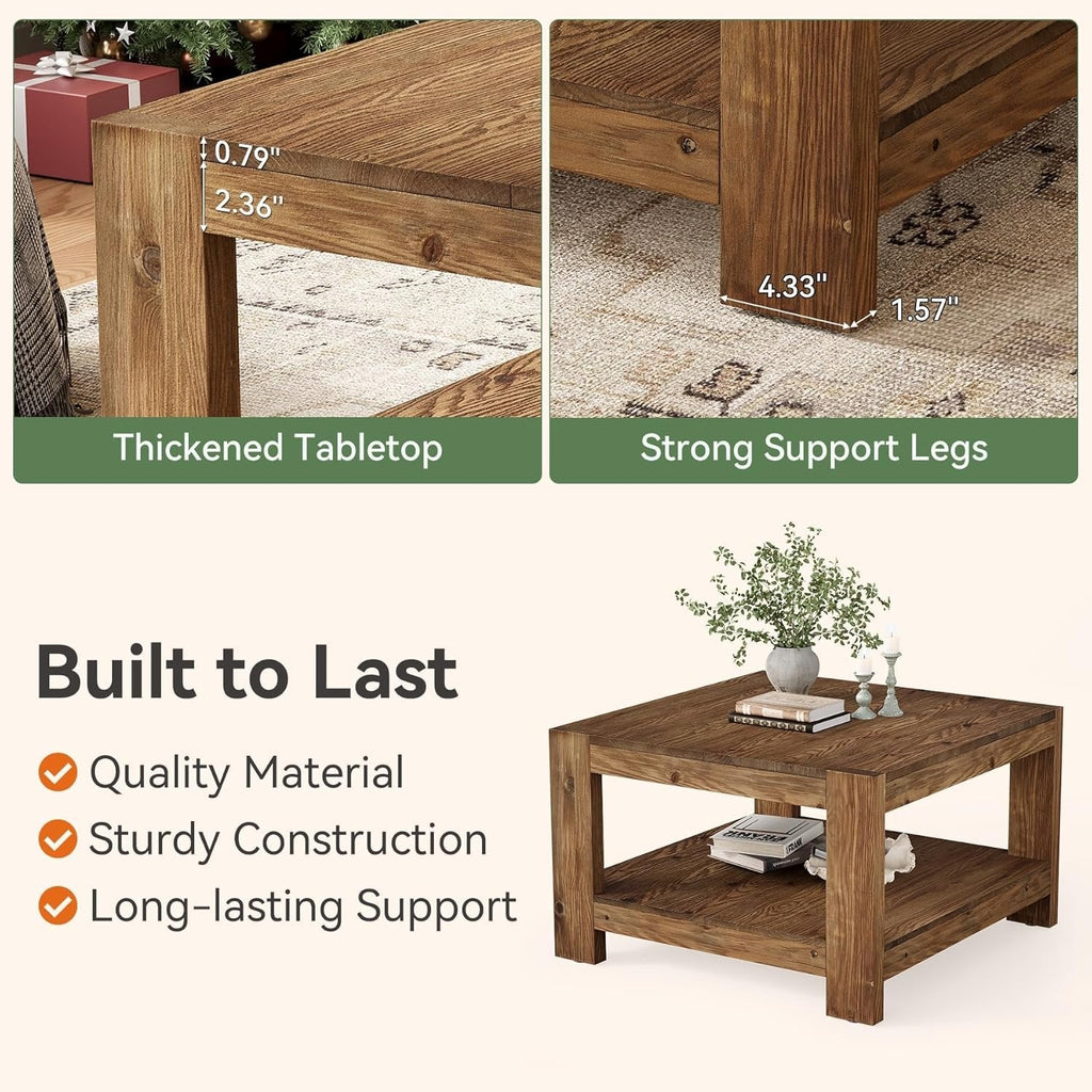 Table basse carrée rustique en bois de 80 cm avec étagère de rangement
