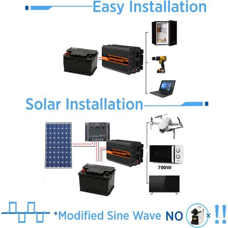 Edecoa – Convertisseur de tension 12V à 220V 3000W – Onde sinusoïdale modifiée – Télécommande et 2 ports USB – Compatible panneaux solaires — photo 5