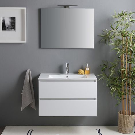 Kiamami Valentina – Meuble de salle de bain suspendu blanc brillant 80cm – 2 tiroirs avec fermeture soft-close – Lavabo en céramique – Miroir 80x60 avec lampe — photo 2