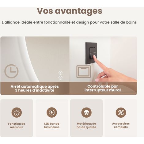 EMKE Miroir lumineux de salle de bain rétro-éclairage, miroir salle de bain asymétrique, anti-buée, interrupteur tactile, 3 couleurs de lumière dimmables, 80 x 60 cm — photo 3