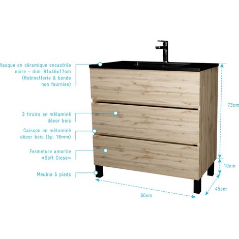 meuble de salle de bains 80 cm 3 tiroirs chêne naturel + vasque céramique noire - timber — photo 4
