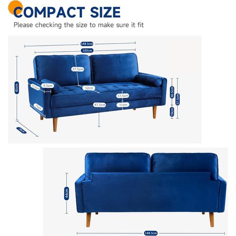 Keepbuying – Canapé droit 2 places en velours bleu – Accoudoirs roulés – Dimensions 148 x 78 x 85 cm – Confort moyen – Montage facile en 10 minutes — photo 4