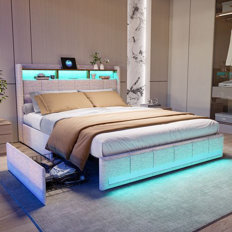 Lit 140 x 200 avec sommier,lit 2 personnes avec tiroirs et étagères de rangement ouvertes,lit double rembourré avec LED et USB,lit 140 x 200 avec sommier à lattes en bois, lin beige — photo 1