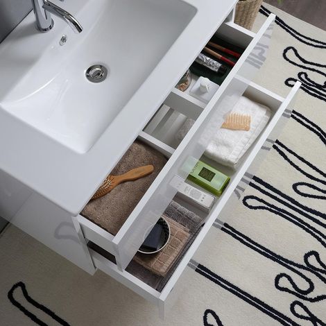 Kiamami Valentina – Meuble de salle de bain suspendu blanc brillant 80cm – 2 tiroirs avec fermeture soft-close – Lavabo en céramique – Miroir 80x60 avec lampe — photo 3