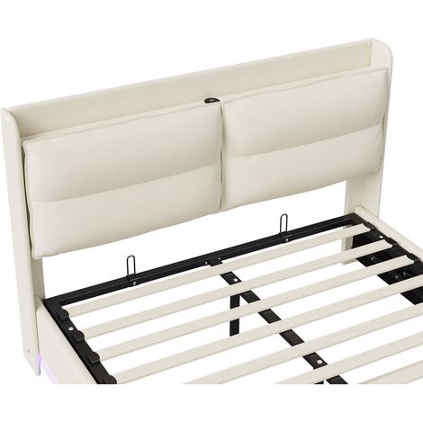 Pergar – Lit coffre 140x200 avec sommier – Tissu velours beige – Dossier moelleux – Recharge sans fil avec ports USB et Type-C – LED réglable — photo 5