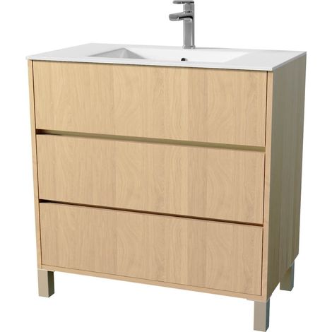 pack meuble salle de bains 80 cm chêne clair, 3 tiroirs avec vasque céramique - xenos — photo 3