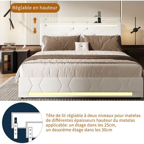 Lit double 140x200cm, lit 140x200 avec rangement, Sommier Inclus, lit coffre avec port USB et LED, Chambre moderne, Beige, lin — photo 3