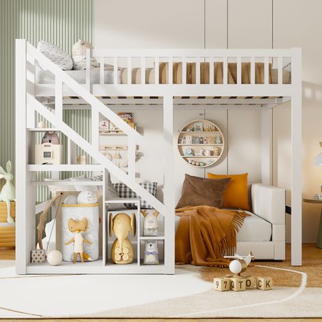 Lit mezzanine 140x200,lit mezzanine enfant avec escalier de rangement,penderie intégrée,étagère de rangement,barrière de lit antichute,lit en bois massif,blanc — photo 2